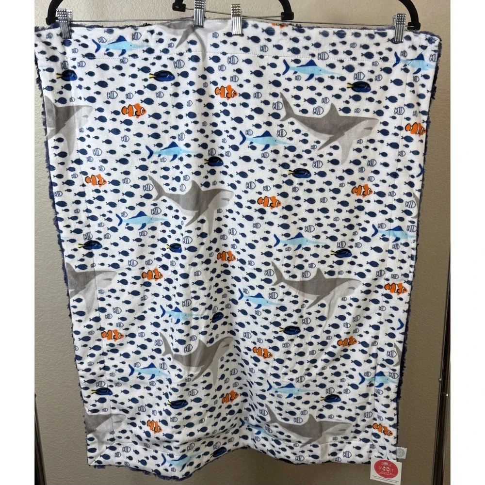 Sew Sweet Minky Designs Kids 28x34 Blanket Blue Shark Fish Print Plush NEW